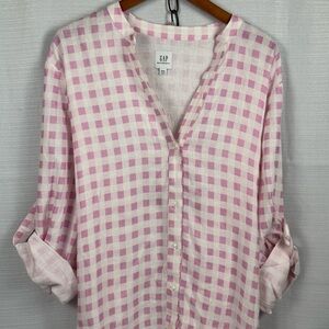 Gap‎ Maternity XXL Pink White Gingham Linen Blend Roll Tab Button Down Shirt